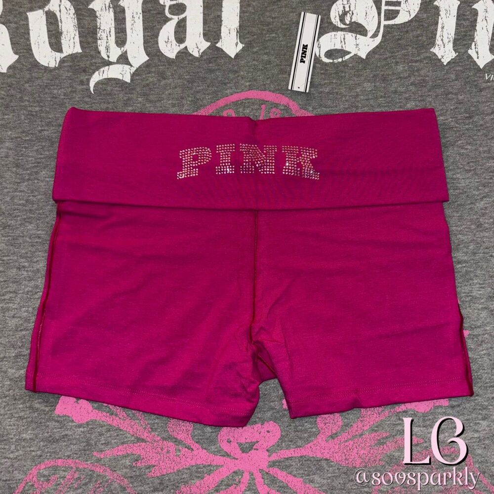 Victoria’s Secret PINK Hot Pink Fire Shine 3" Foldover Bike Shorts Bling LG